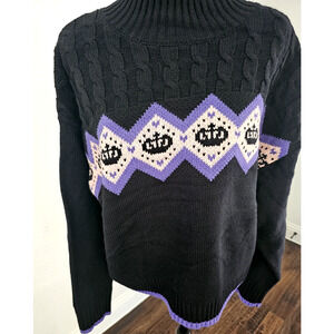JUICY Couture Sweater Argyle Cable Knit Black Crop Y2K Purple Plus Size XXL